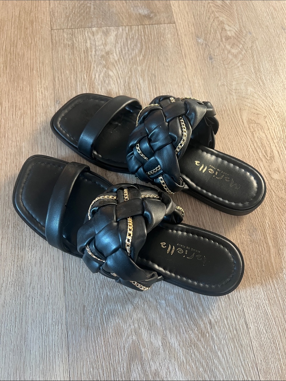 Black Braided Leather Slide Sandals with Gold Chain Detail
